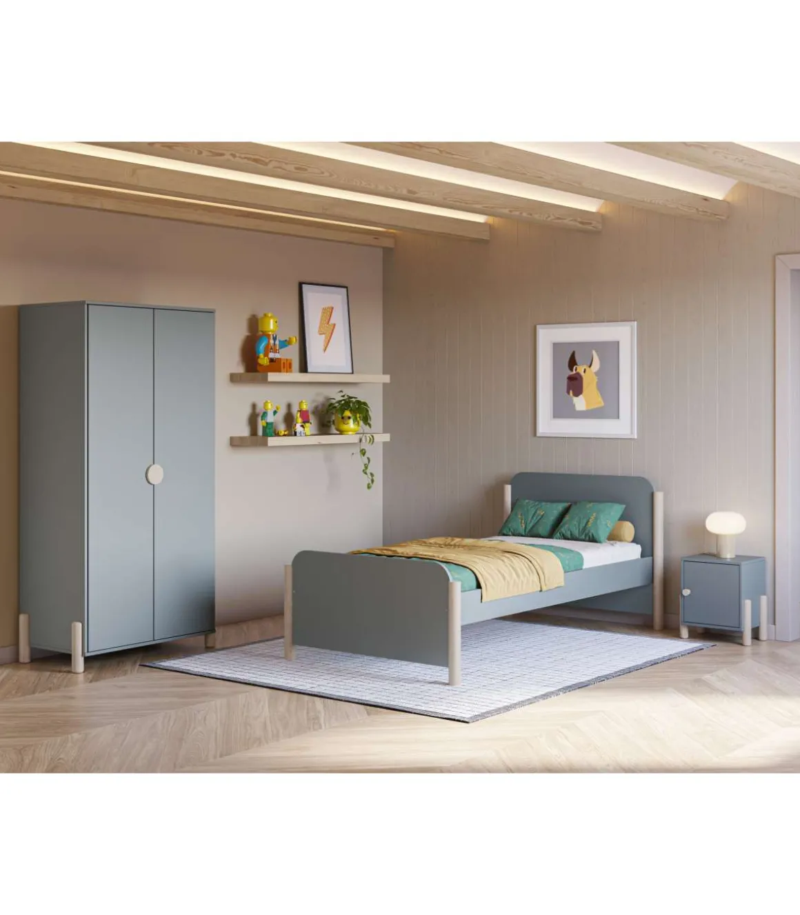 Mesita de noche para dormitorio Emma 1 puerta acabado verde kaki/cera blanca, 39.4cm(ancho) 47cm(alto) 30cm (fondo)