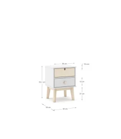 Mesita de noche para dormitorio Estela 2 cajones acabado blanco/cera blanca, 40cm(ancho) 53.1cm(alto) 35cm(fondo).