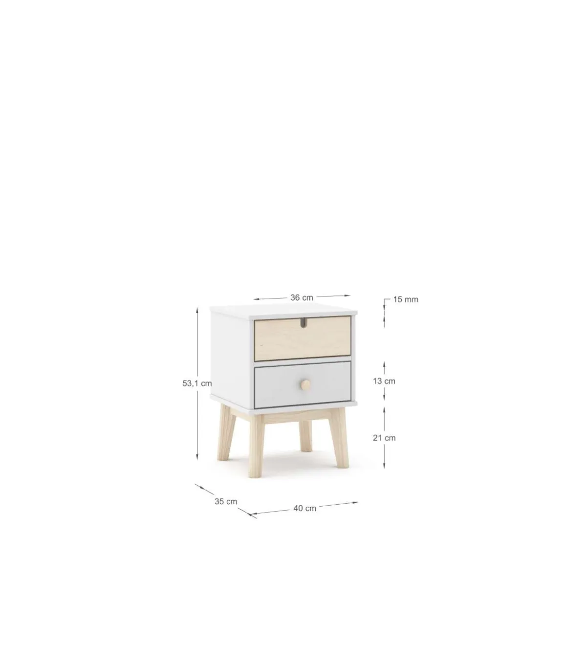 Mesita de noche para dormitorio Estela 2 cajones acabado blanco/cera blanca, 40cm(ancho) 53.1cm(alto) 35cm(fondo).