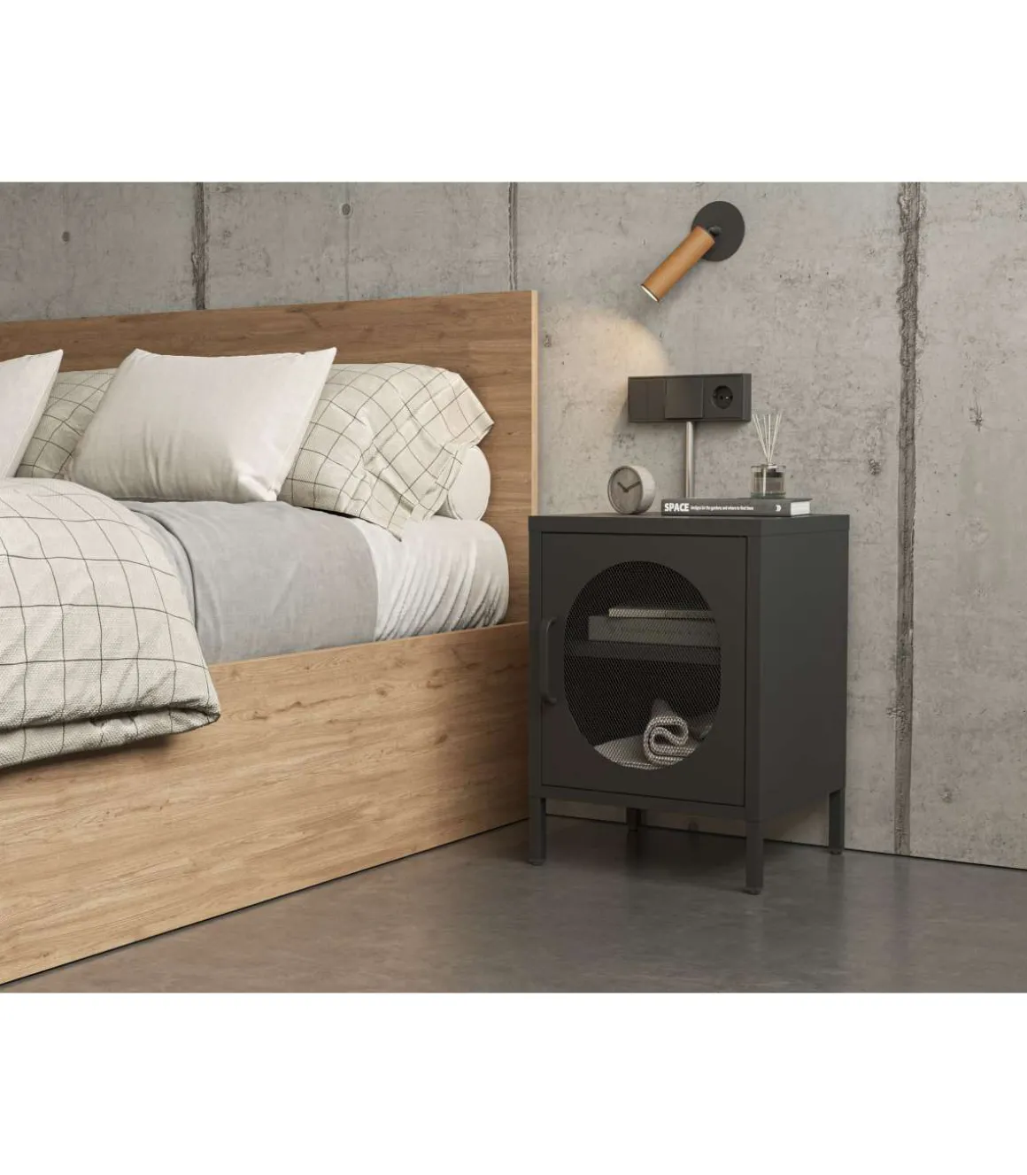 Mesita de noche para dormitorio Dora 1 puerta acabado en metal negro, 40cm(ancho) 60cm(alto) 35cm(fondo).