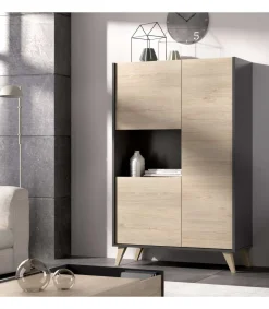 Modulo alto 3 puertas para salón o cocina Dina en Natural-Grafito, 135cm(alto) 81cm(ancho) 43cm(largo)