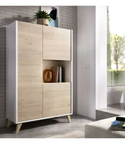 Modulo alto 3 puertas para salón o cocina Dina en Natural-Blanco, 135cm(alto) 81cm(ancho) 43cm(largo)