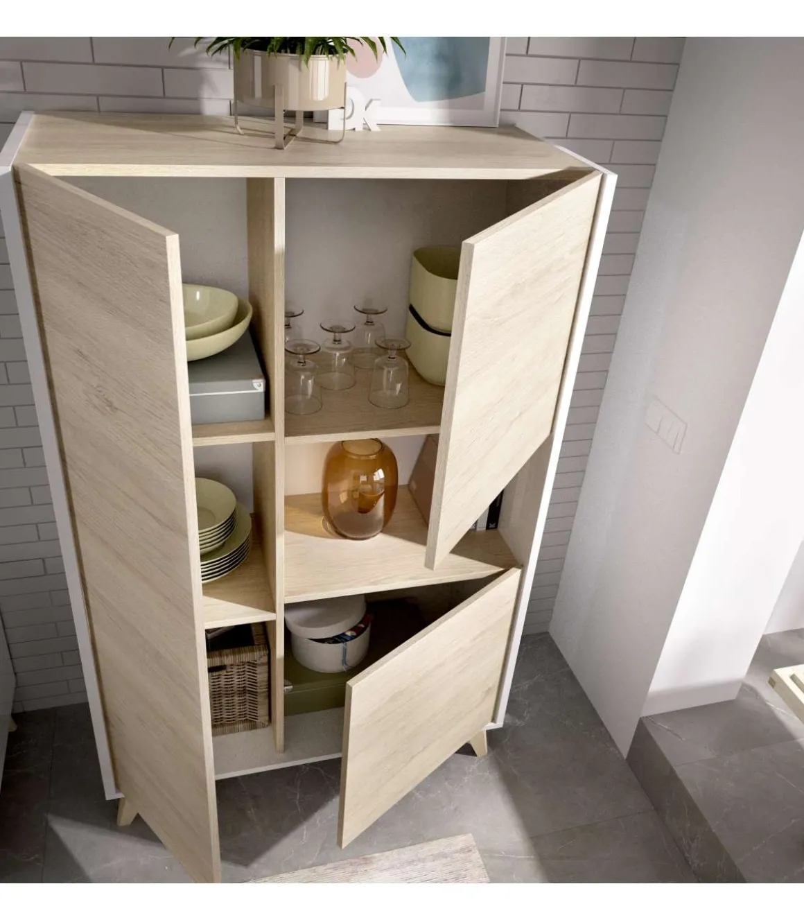 Modulo alto 3 puertas para salón o cocina Dina en Natural-Blanco, 135cm(alto) 81cm(ancho) 43cm(largo)