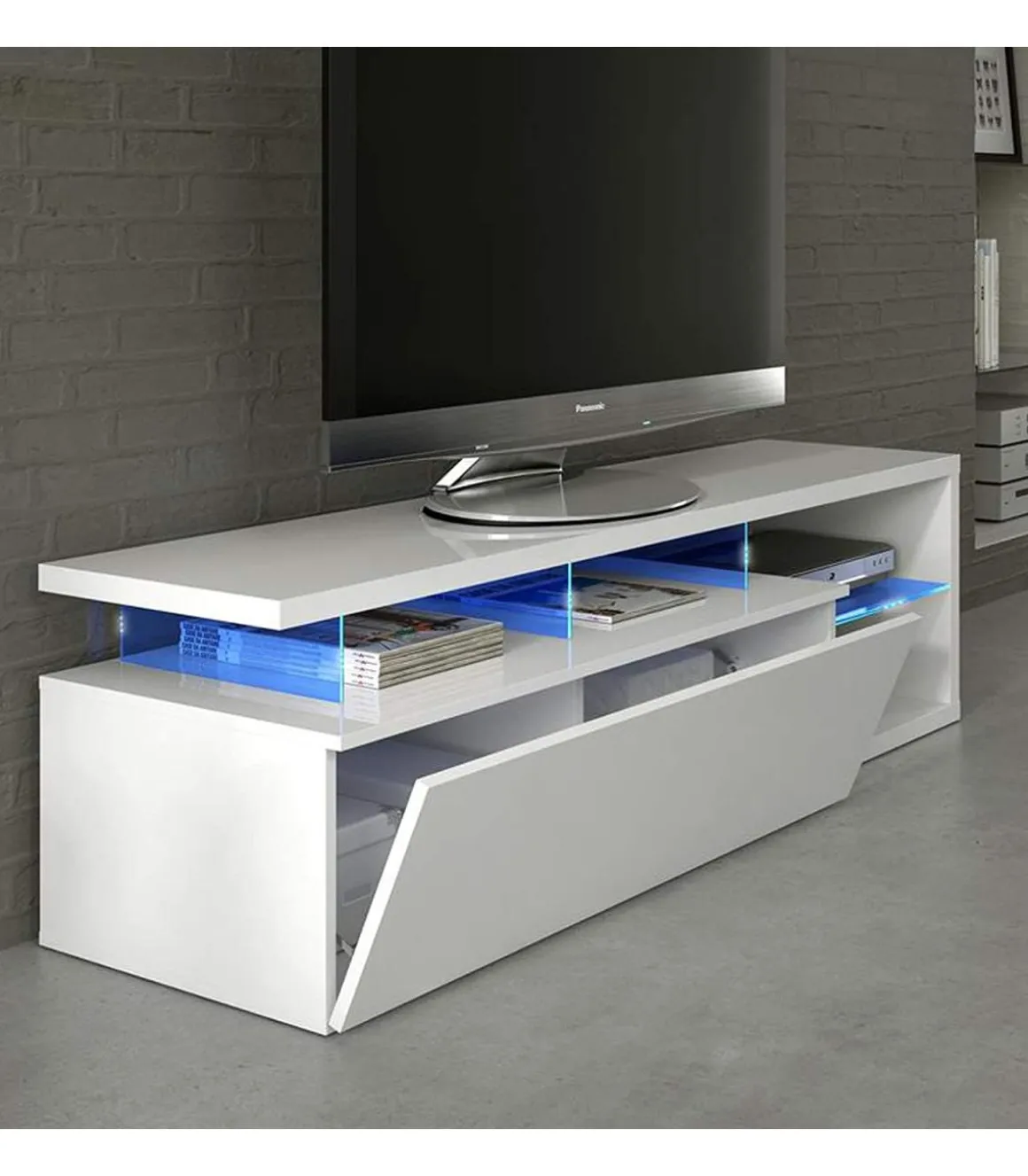 Modulo de TV Moderno, Mueble Salon Selena Blanco Brillo y Luces LED, Medidas: 150 cm (Ancho) x 43 cm (Alto) x 41 cm (Fondo)
