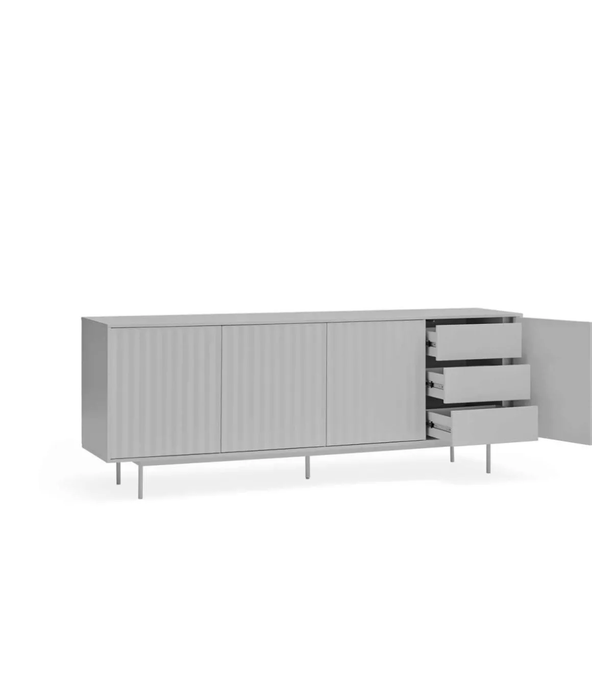 Mueble aparador modelo Sierra 4 puertas 3 cajones interiores acabado gris claro, 47cm(ancho) 80cm(alto) 211cm (largo)