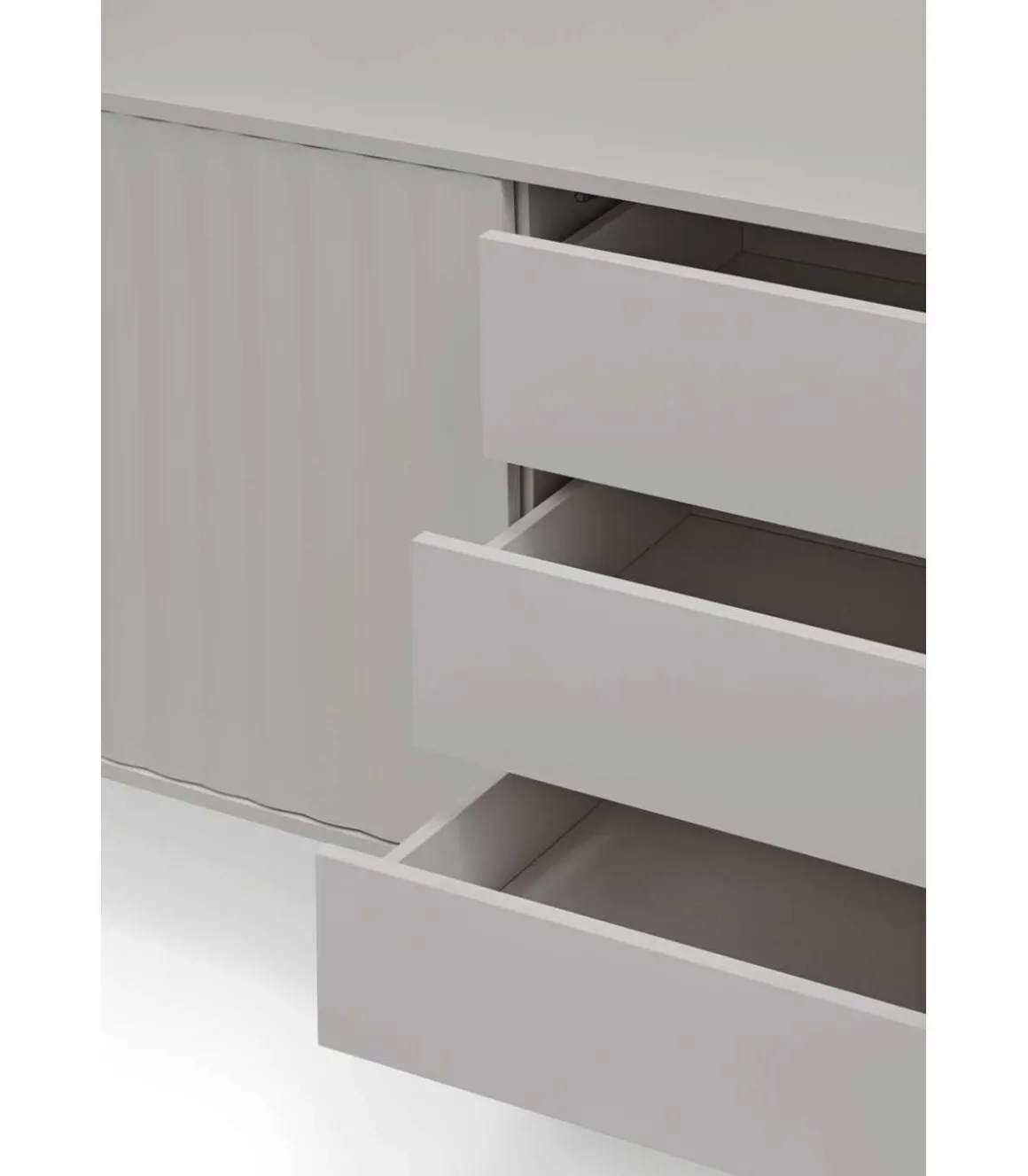 Mueble aparador modelo Sierra 4 puertas 3 cajones interiores acabado gris claro, 47cm(ancho) 80cm(alto) 211cm (largo)