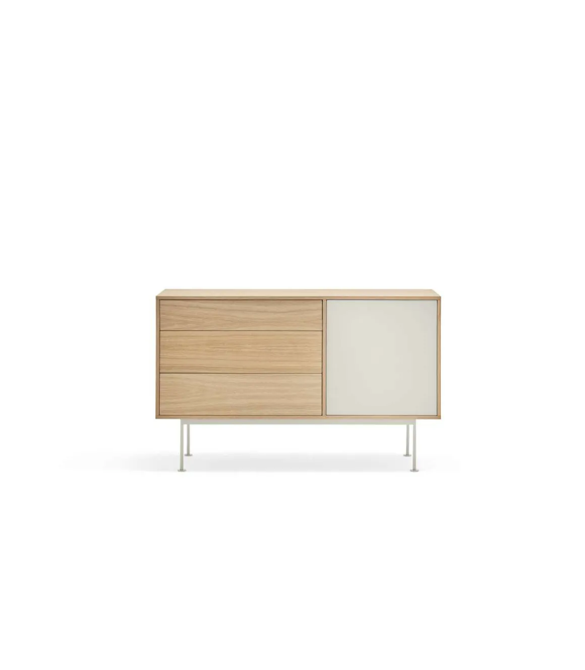 Mueble aparador modelo Yoko 1 puerta 3 cajones acabado roble/crema, 45cm(ancho) 80cm(alto) 128cm (largo)