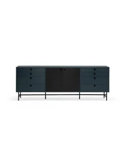 Mueble aparador para comedor modelo Punto 2 puertas 8 cajones acabado azul/negro, 47cm(ancho) 77cm(alto) 212cm (largo)