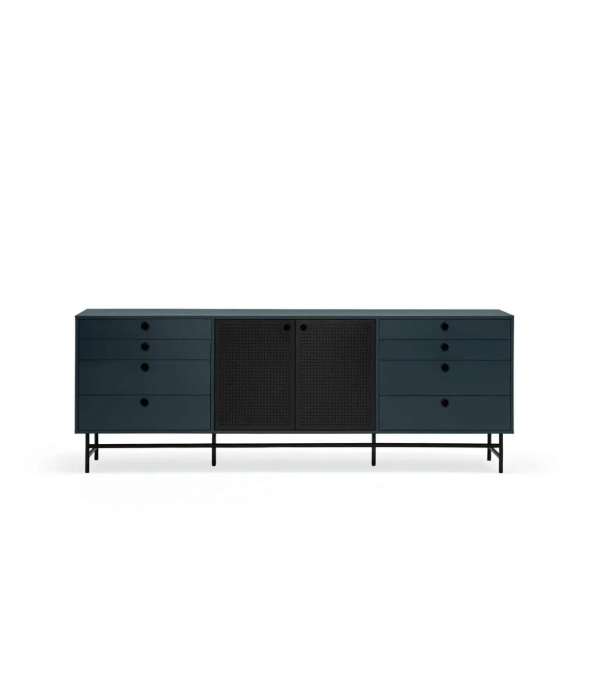 Mueble aparador para comedor modelo Punto 2 puertas 8 cajones acabado azul/negro, 47cm(ancho) 77cm(alto) 212cm (largo)
