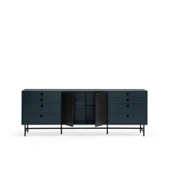 Mueble aparador para comedor modelo Punto 2 puertas 8 cajones acabado azul/negro, 47cm(ancho) 77cm(alto) 212cm (largo)
