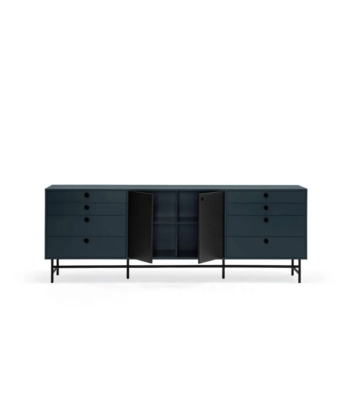 Mueble aparador para comedor modelo Punto 2 puertas 8 cajones acabado azul/negro, 47cm(ancho) 77cm(alto) 212cm (largo)