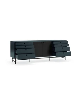 Mueble aparador para comedor modelo Punto 2 puertas 8 cajones acabado azul/negro, 47cm(ancho) 77cm(alto) 212cm (largo)