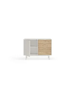 Mueble aparador para comedor modelo Sierra 1 puerta 4 cajones acabado blanco/roble, 47cm(ancho) 79.6cm(alto) 159.5cm (largo)