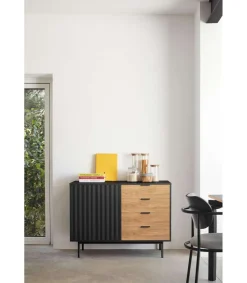 Mueble aparador para comedor modelo Sierra 1 puerta 4 cajones acabado negro/roble, 47cm(ancho) 79.6cm(alto) 159.5cm (largo)