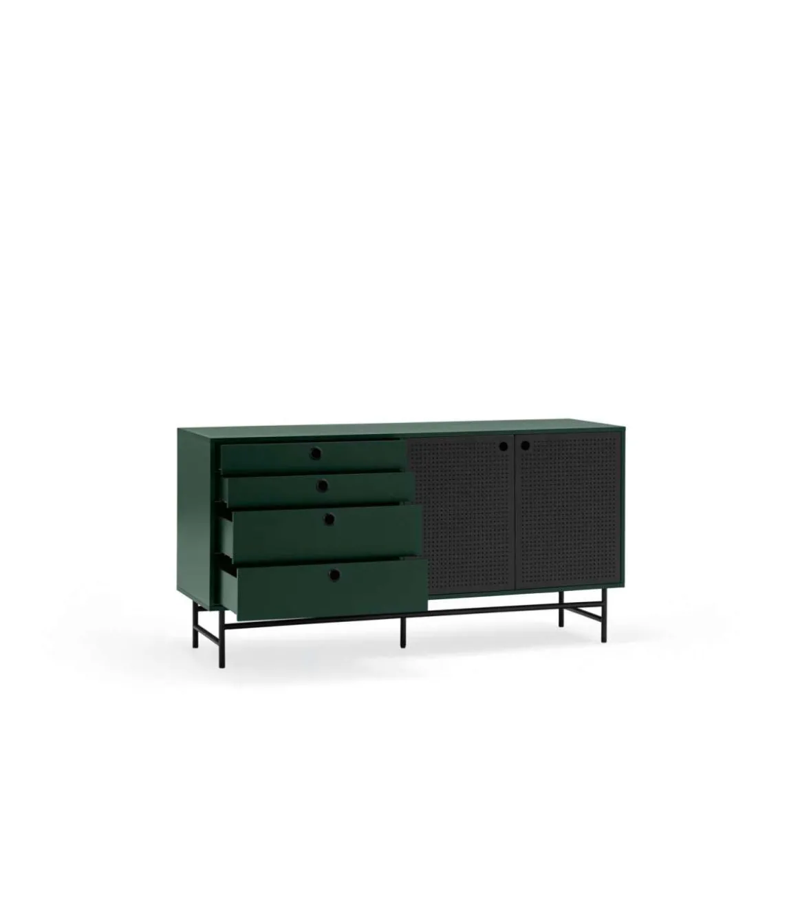 Mueble aparador para comedor modelo Punto 2 puertas 4 cajones acabado verde/negro, 47cm(ancho) 77cm(alto) 150cm (largo)