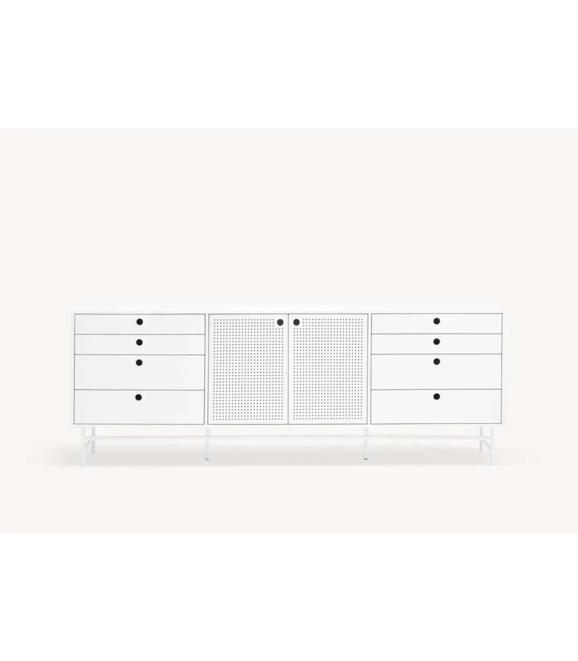 Mueble aparador para comedor modelo Punto 2 puertas 8 cajones acabado blanco, 47cm(ancho) 77cm(alto) 212cm (largo)