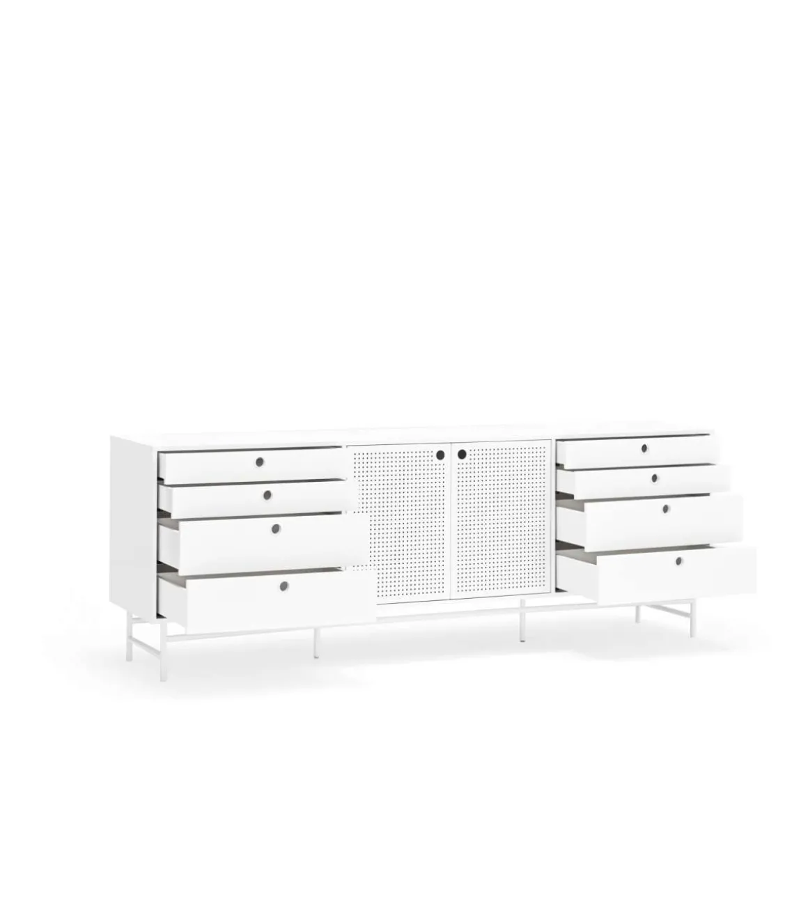 Mueble aparador para comedor modelo Punto 2 puertas 8 cajones acabado blanco, 47cm(ancho) 77cm(alto) 212cm (largo)