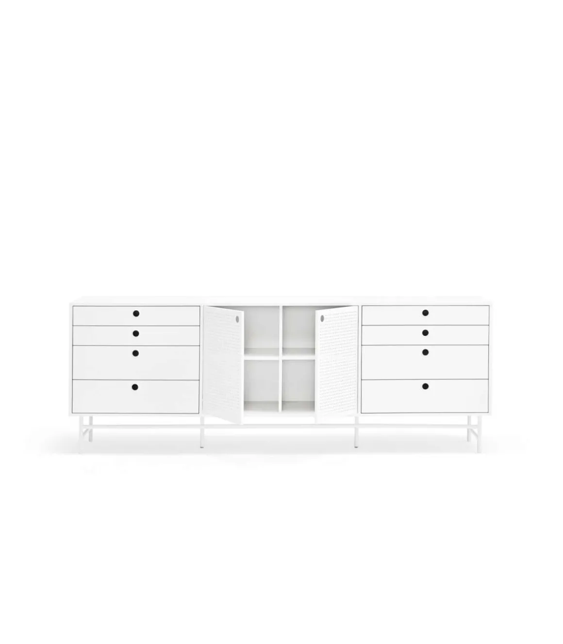 Mueble aparador para comedor modelo Punto 2 puertas 8 cajones acabado blanco, 47cm(ancho) 77cm(alto) 212cm (largo)