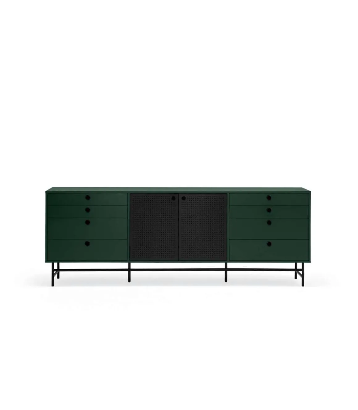 Mueble aparador para comedor modelo Punto 2 puertas 8 cajones acabado verde/negro, 47cm(ancho) 77cm(alto) 212cm (largo)