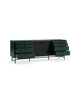 Mueble aparador para comedor modelo Punto 2 puertas 8 cajones acabado verde/negro, 47cm(ancho) 77cm(alto) 212cm (largo)