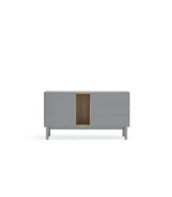 Mueble aparador para comedor modelo Corvo 1 puerta 3 cajones acabado gris perla, 136.8cm(ancho) 76cm(alto) 40cm (fondo)