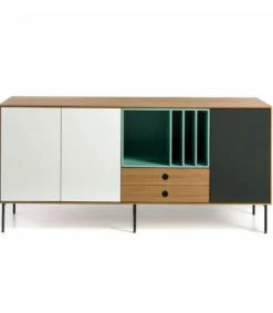 Mueble aparador 3 puertas 2 cajones modelo ZAIDA acabado roble-blanco-gris-verde, 85cm (alto) x 184cm (ancho) x 44cm (prof.)