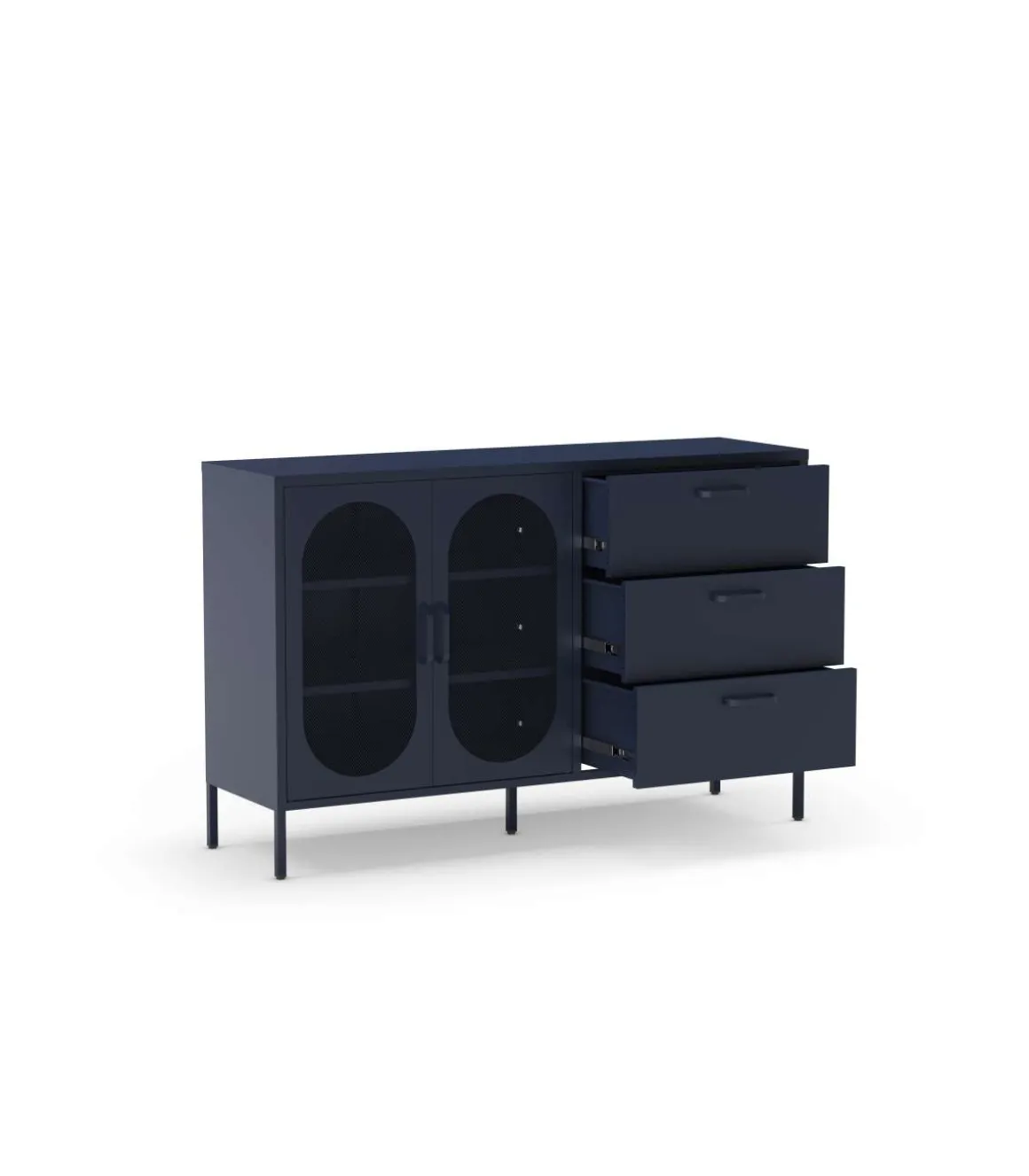 Mueble aparador 2 puertas 2 cajones modelo Dora acabado metal azul, 140cm(ancho) 90cm(alto) 40cm (largo)