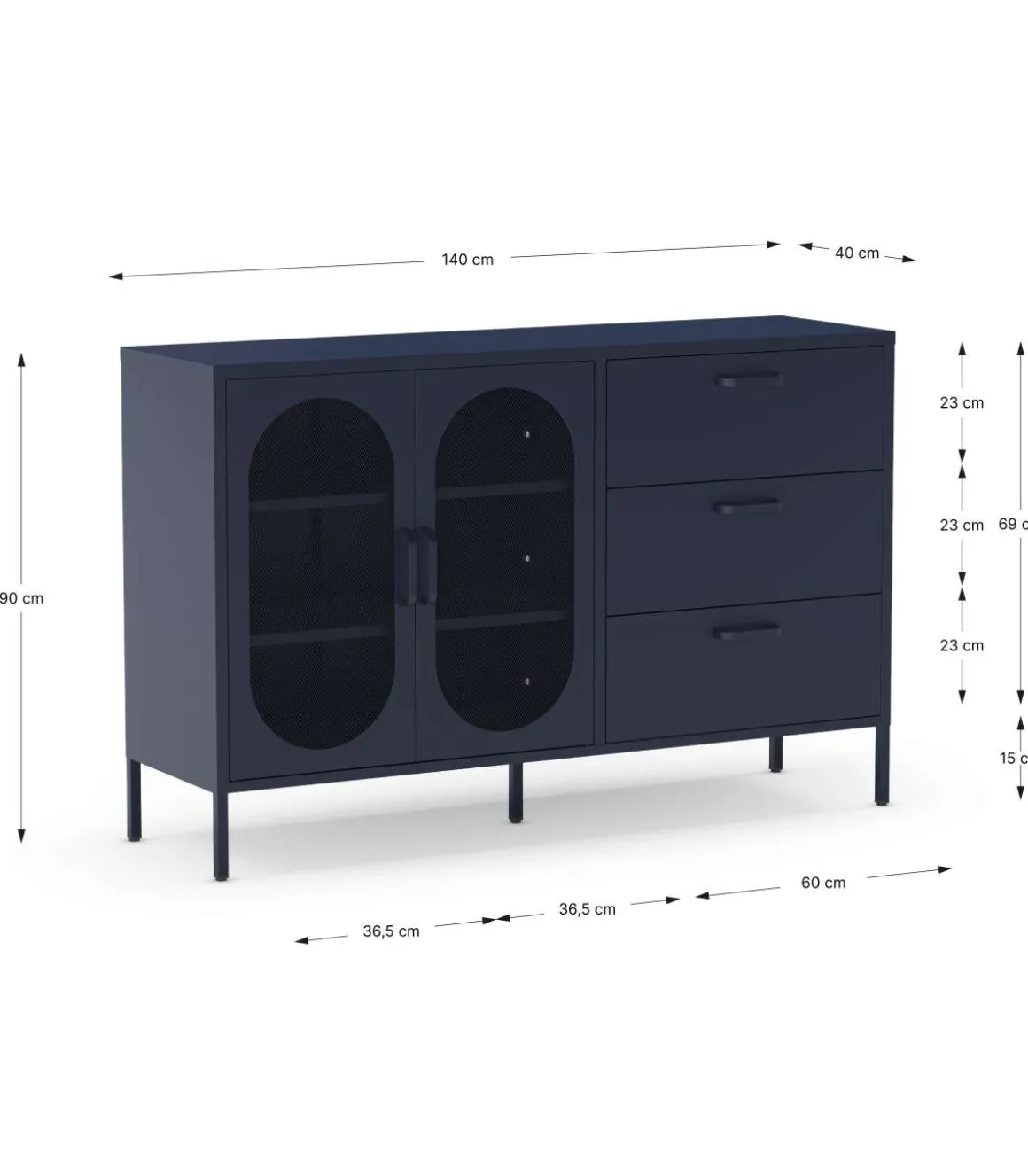 Mueble aparador 2 puertas 2 cajones modelo Dora acabado metal azul, 140cm(ancho) 90cm(alto) 40cm (largo)