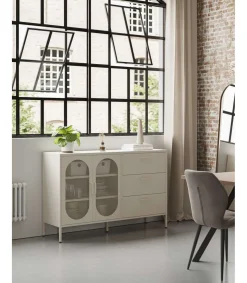 Mueble aparador 2 puertas 2 cajones modelo Dora acabado metal crema, 140cm(ancho) 90cm(alto) 40cm (largo)