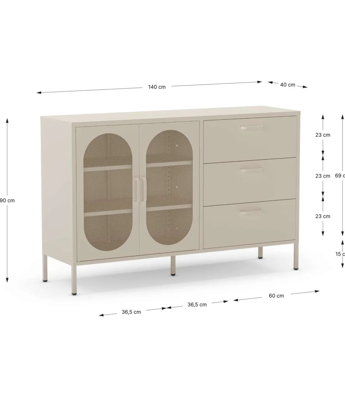 Mueble aparador 2 puertas 2 cajones modelo Dora acabado metal crema, 140cm(ancho) 90cm(alto) 40cm (largo)