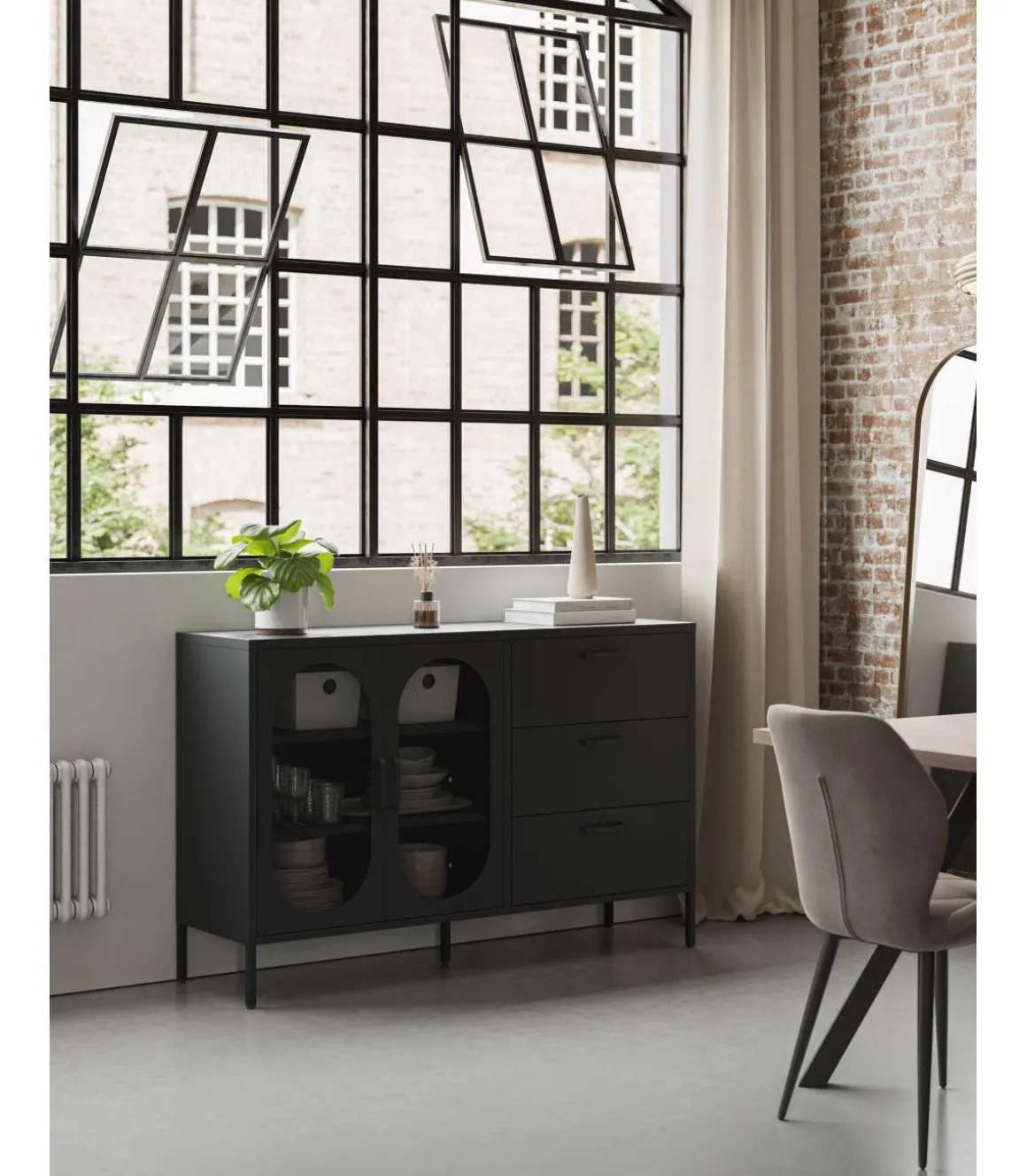 Mueble aparador 2 puertas 2 cajones modelo Dora acabado metal negro, 140cm(ancho) 90cm(alto) 40cm (largo)