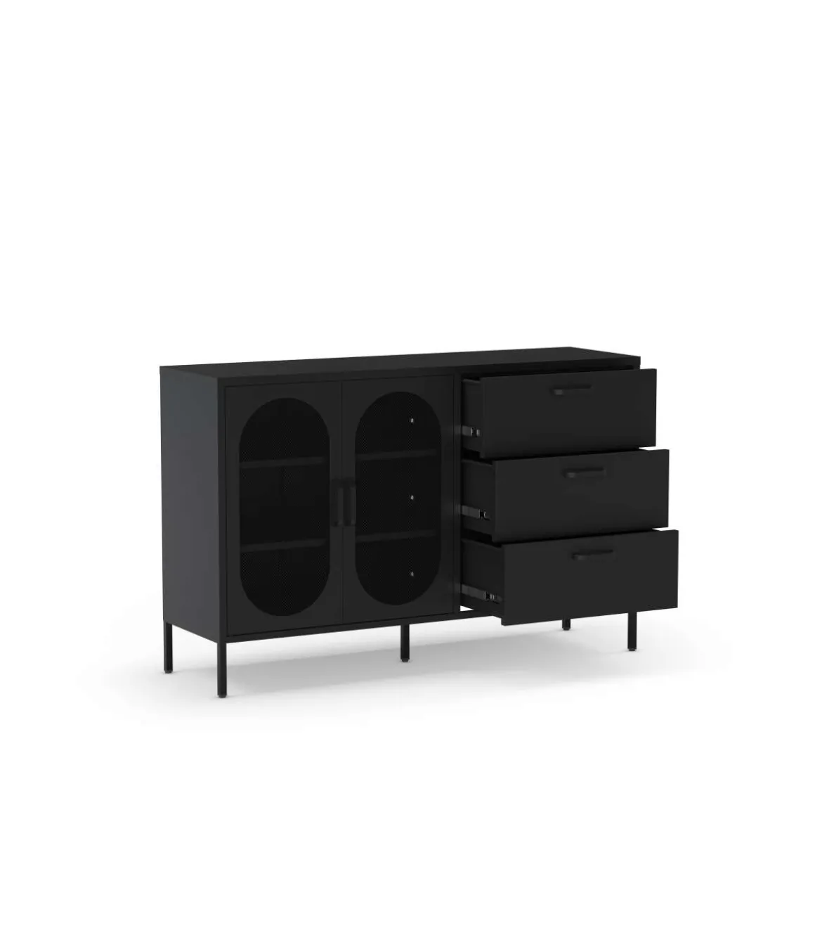 Mueble aparador 2 puertas 2 cajones modelo Dora acabado metal negro, 140cm(ancho) 90cm(alto) 40cm (largo)