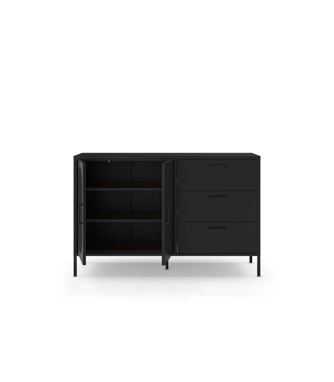 Mueble aparador 2 puertas 2 cajones modelo Dora acabado metal negro, 140cm(ancho) 90cm(alto) 40cm (largo)