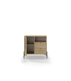 Mueble auxiliar 2 cajones, 1 puerta y 1 hueco modelo India acabado roble/negro. 80.5cm(alto) 84cm(ancho) 40cm(prof).