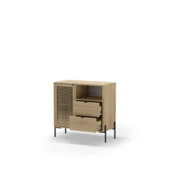 Mueble auxiliar 2 cajones, 1 puerta y 1 hueco modelo India acabado roble/negro. 80.5cm(alto) 84cm(ancho) 40cm(prof).