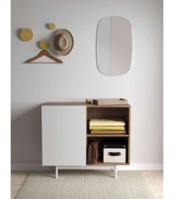 Mueble auxiliar modelo 601-2 acabado en nogal/blanco. 78 cm (alto) x 90 cm (ancho) x 34 cm (prof.)