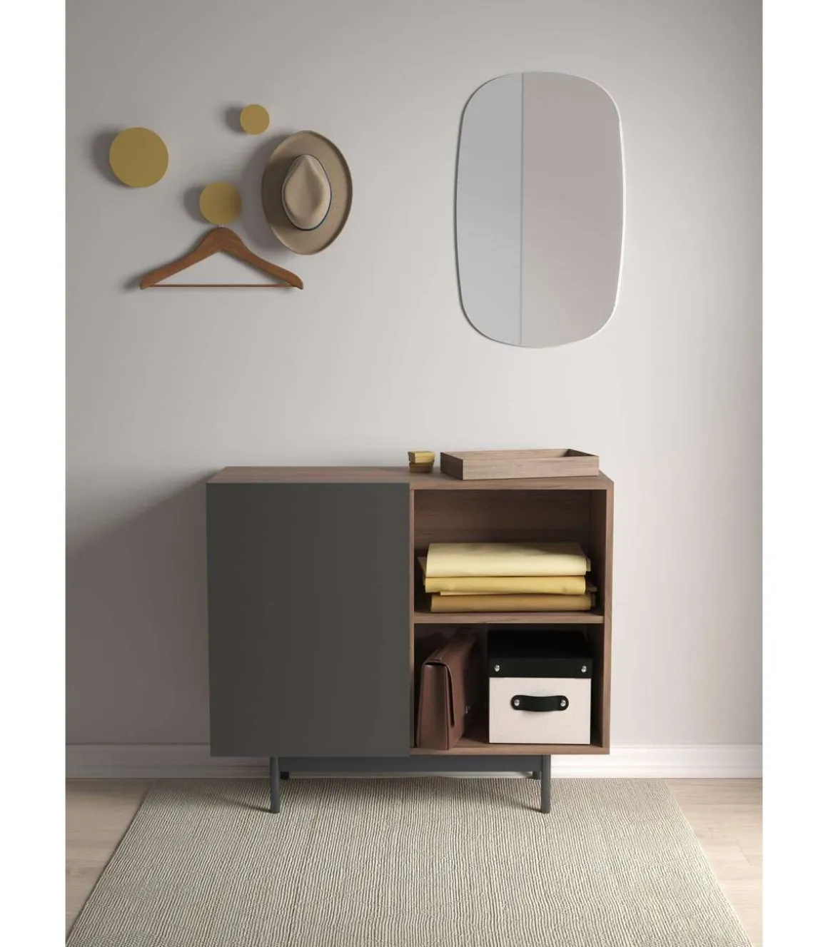 Mueble auxiliar modelo 601-2 acabado en nogal/grafito. 78 cm (alto) x 90 cm (ancho) x 34 cm (prof.)