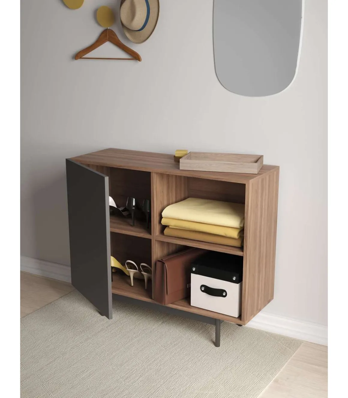 Mueble auxiliar modelo 601-2 acabado en nogal/grafito. 78 cm (alto) x 90 cm (ancho) x 34 cm (prof.)