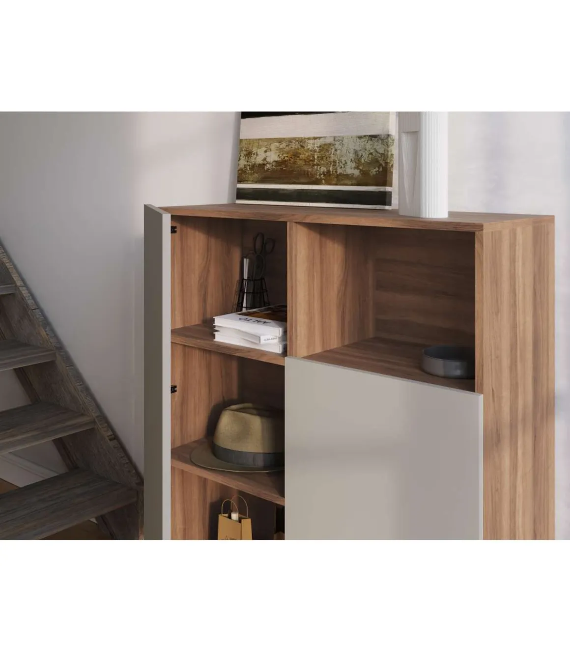 Mueble auxiliar modelo-602-1 acabado nogal/arena, 110 cm (alto) x 90 cm (ancho) x 34 cm (prof.)