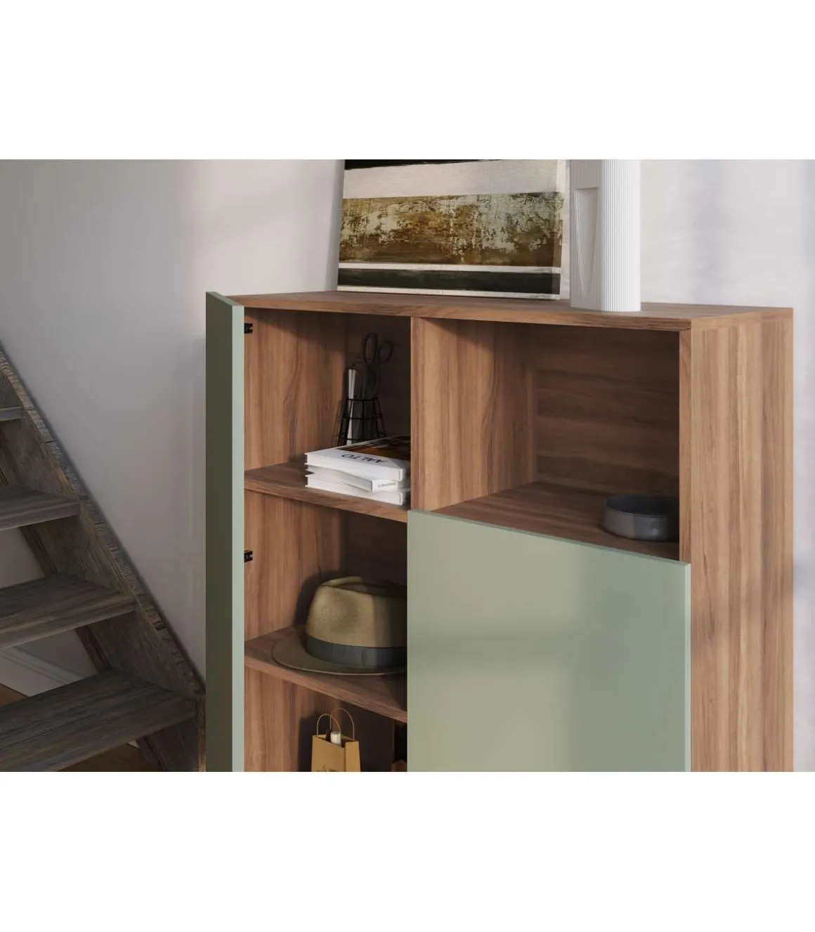Mueble auxiliar modelo-602-1 acabado nogal/verde, 110 cm (alto) x 90 cm (ancho) x 34 cm (prof.)