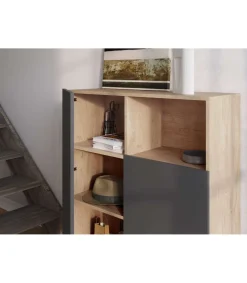 Mueble auxiliar modelo-602-1 acabado roble/grafito, 110 cm (alto) x 90 cm (ancho) x 34 cm (prof.)