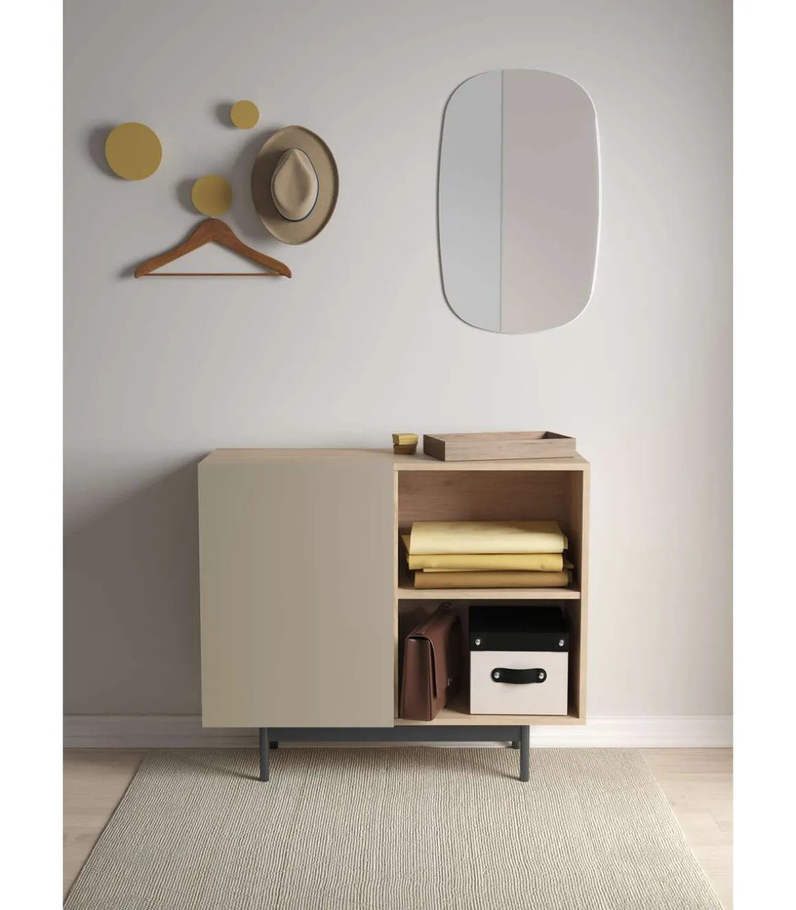 Mueble auxiliar modelo 601-2 acabado en roble/arena. 78 cm (alto) x 90 cm (ancho) x 34 cm (prof.)
