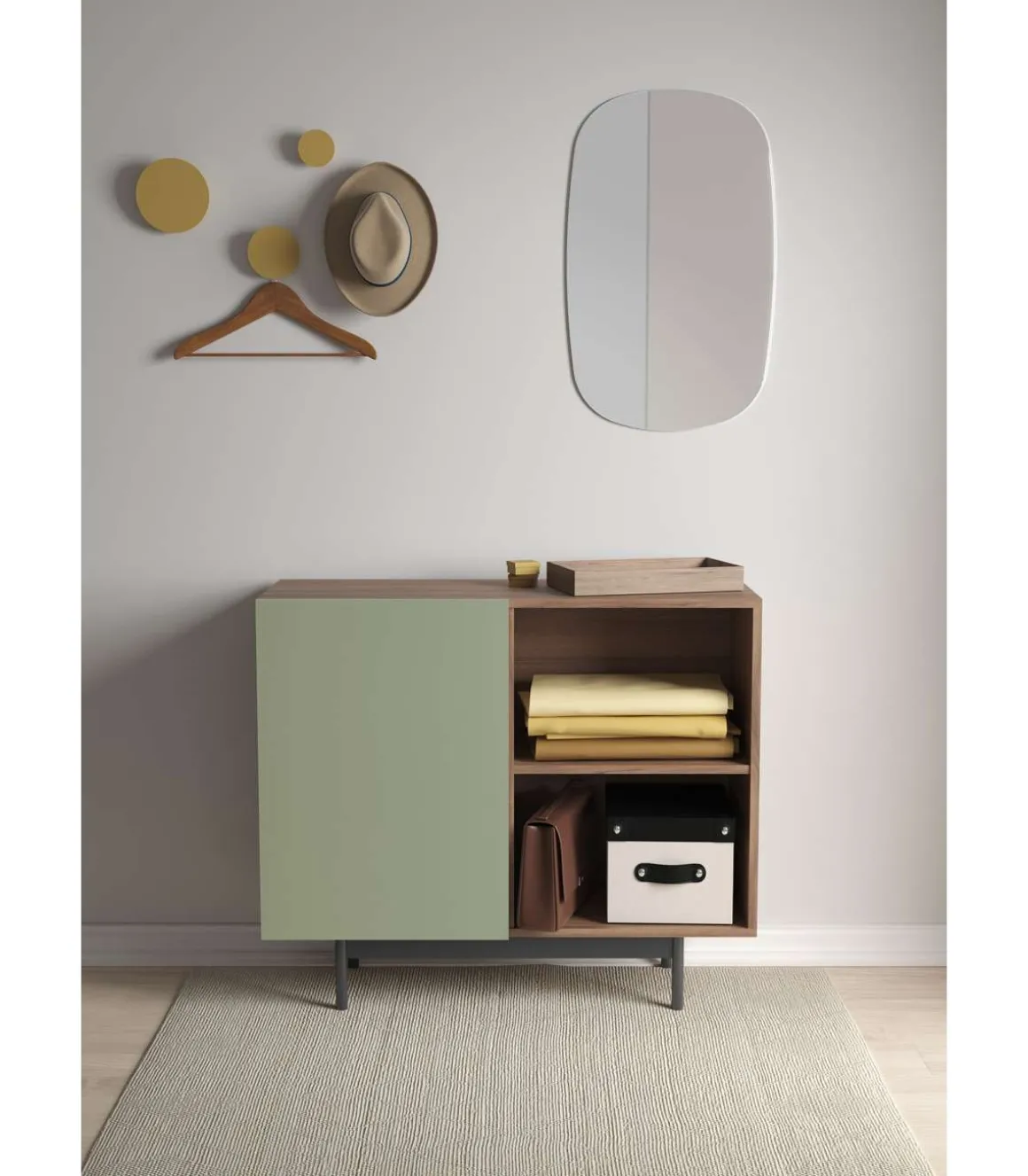 Mueble auxiliar modelo 601-2 acabado en nogal/verde. 78 cm (alto) x 90 cm (ancho) x 34 cm (prof.)