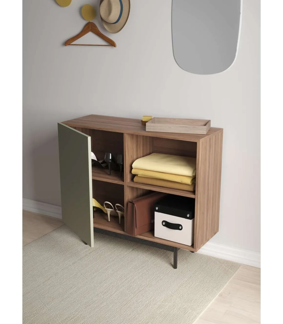 Mueble auxiliar modelo 601-2 acabado en nogal/verde. 78 cm (alto) x 90 cm (ancho) x 34 cm (prof.)