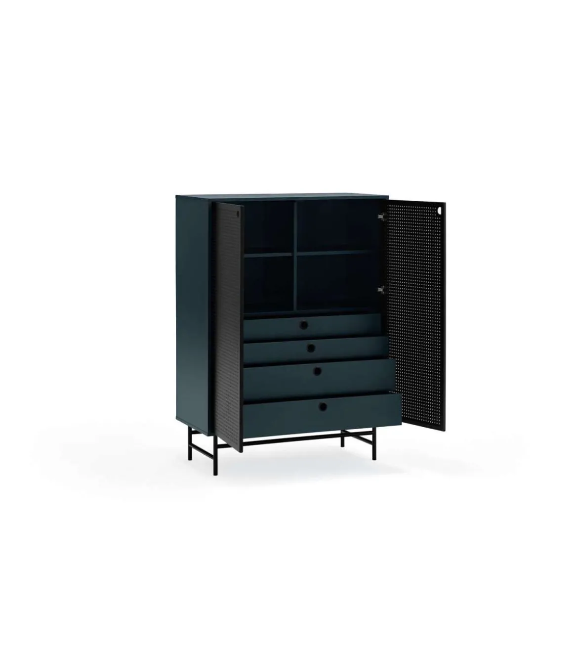Mueble auxiliar modelo Punto 2 puertas 4 cajones interiores acabado azul/negro, 45cm(ancho) 130cm(alto) 93cm(largo)