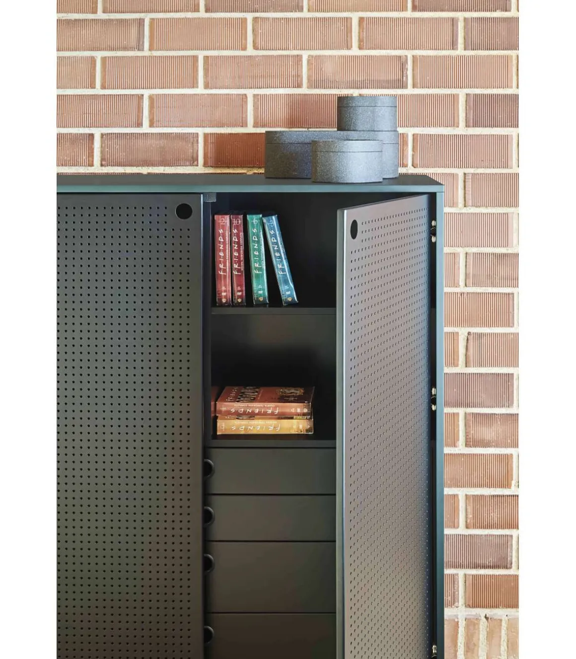 Mueble auxiliar modelo Punto 2 puertas 4 cajones interiores acabado verde/negro, 45cm(ancho) 130cm(alto) 93cm(largo)
