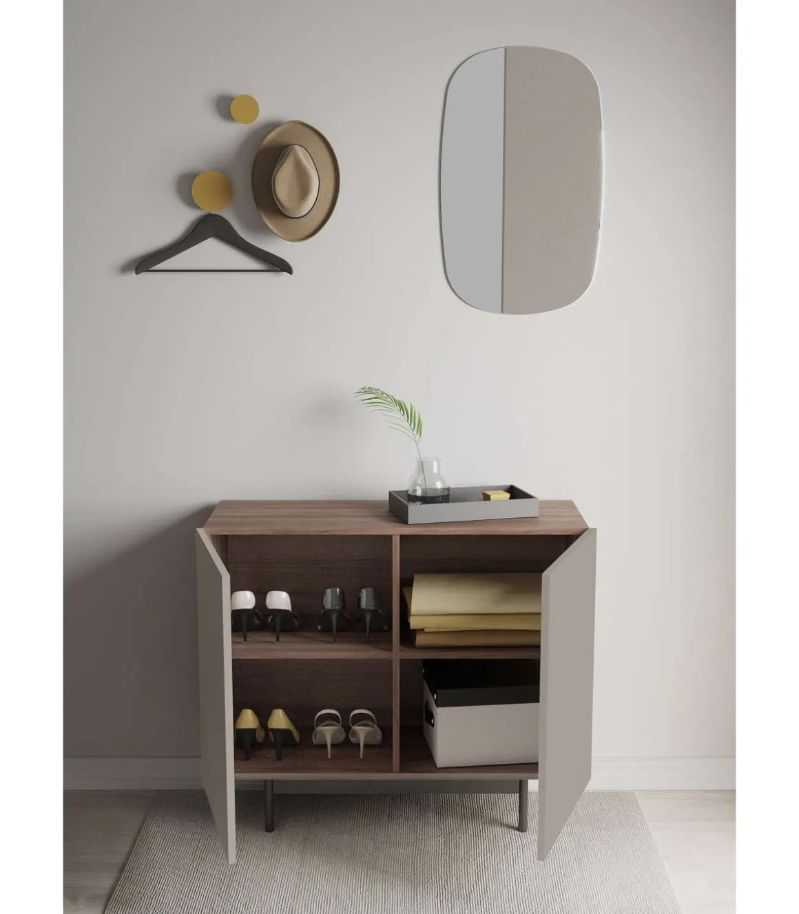 Mueble auxiliar 2 puertas abatibles modelo 601-1 acabado en nogal claro/arena. 78 cm (alto) x 90 cm (ancho) x 34 cm (prof.)
