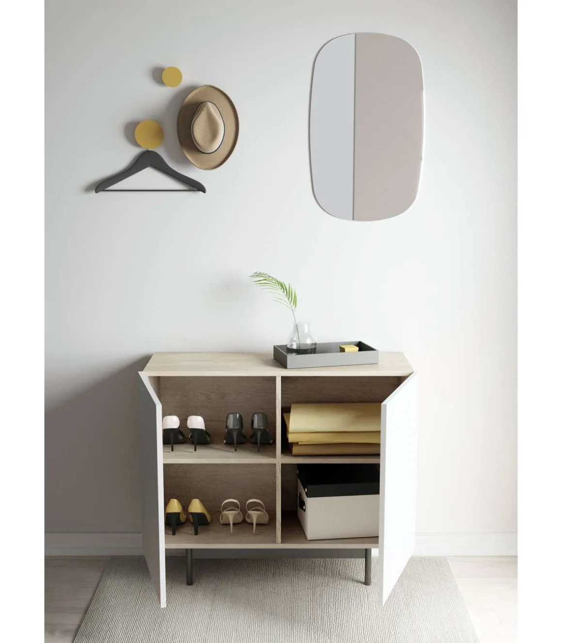 Mueble auxiliar 2 puertas abatibles modelo 601-1 acabado en roble claro/blanco. 78 cm (alto) x 90 cm (ancho) x 34 cm (prof.)