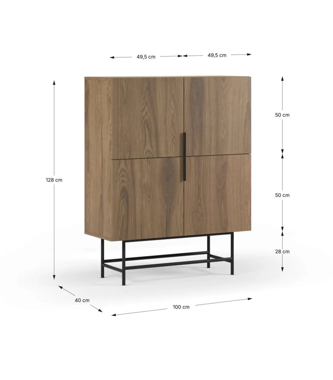 Mueble auxiliar 4 puertas abatibles modelo Elena acabado roble/negro. 128cm(alto) 100cm (ancho) 40cm(prof.)