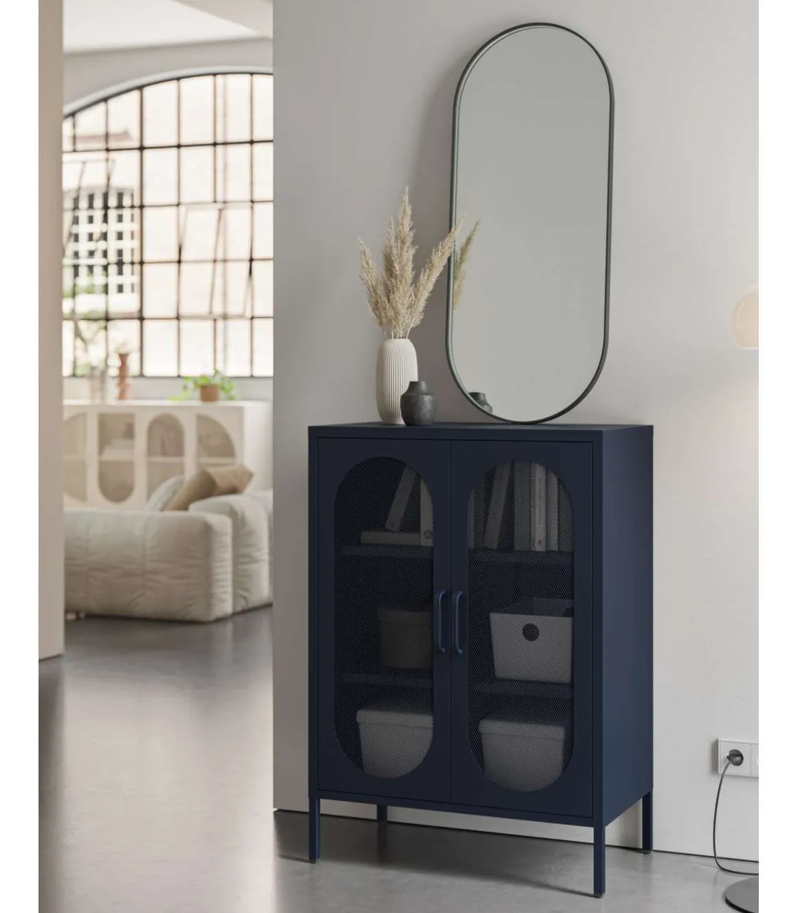 Mueble auxiliar 2 puertas abatibles modelo Dora acabado metal azul. 100cm(alto) 70cm (ancho) 40cm(prof.)